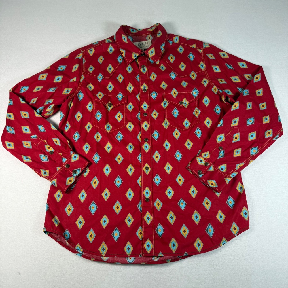 Ryan Michael Western Geometric Diamond Print Long Sleeve Button Up‎ Shirt Size L